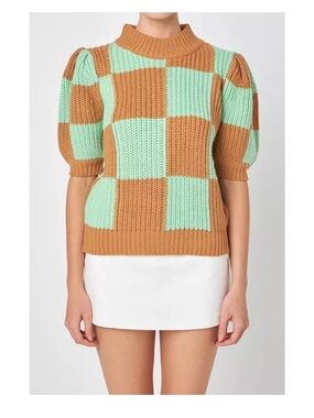 English Factory Check Pattern Puff Sleeve Sweater | Mint & Camel | Size M